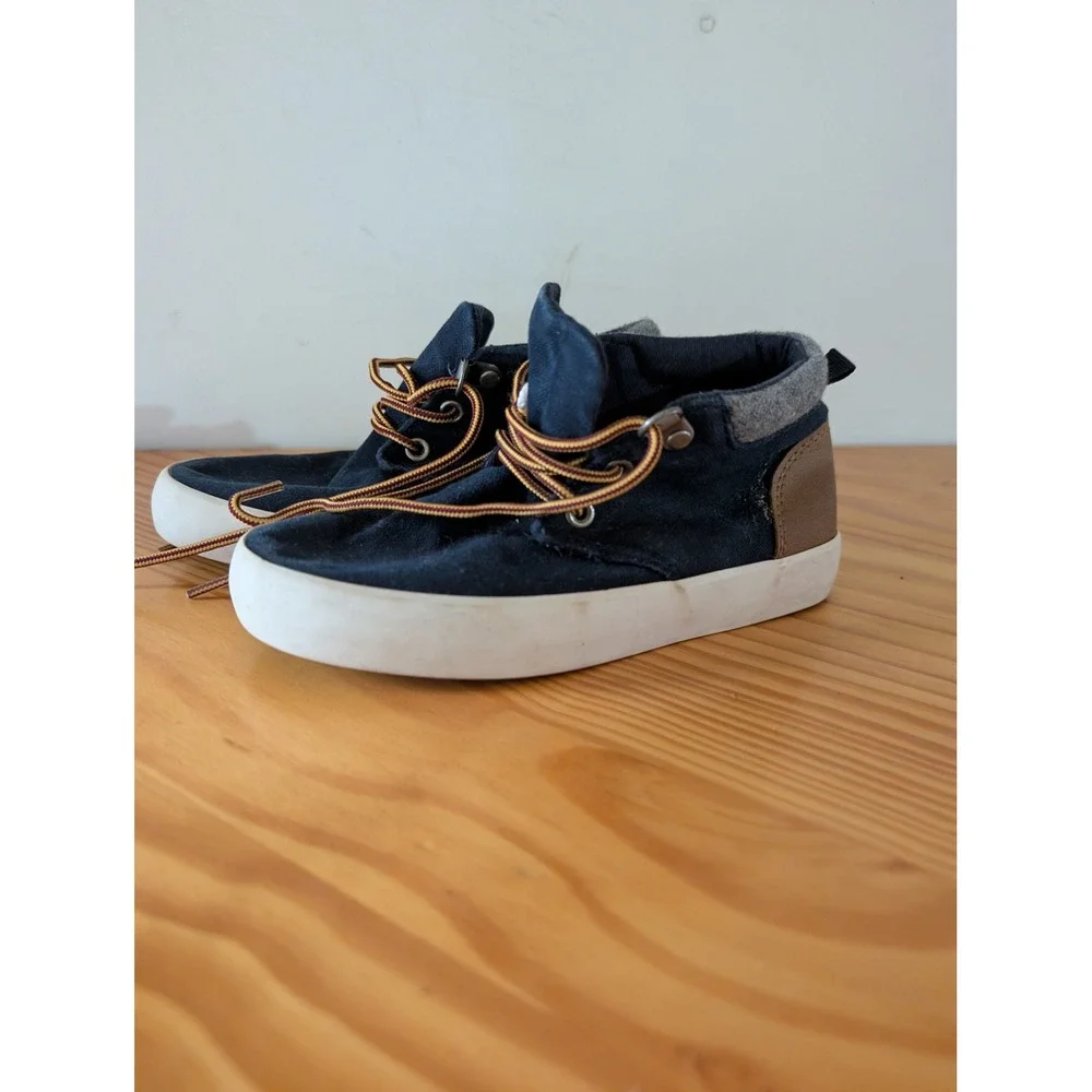 Old Navy Boys Midtop Sneakers Navy Blue Canvas Brown Heel Size 12 Kids